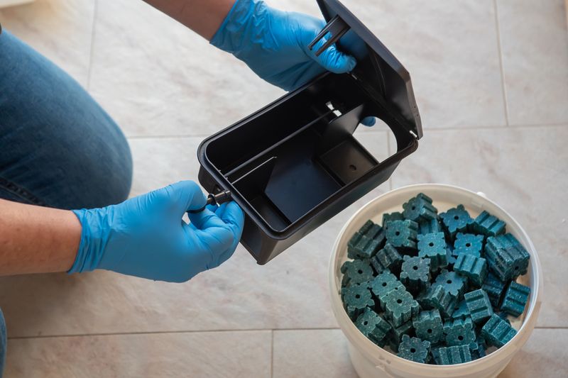 Hände in blauen Handschuhen öffnen eine Köderstation